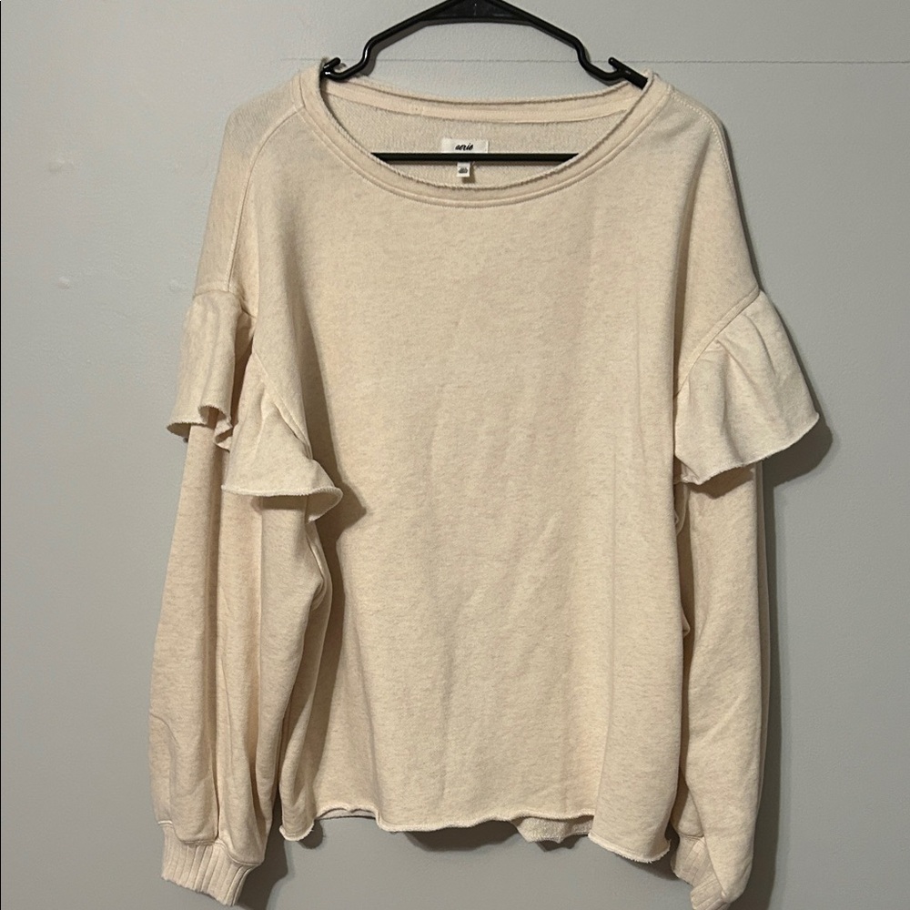 Aerie: Cream Ruffle long Sleeve oversized Sweatshirt. Med: NWT.